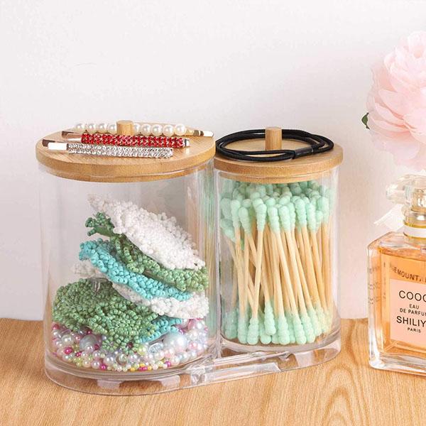 Bamboo lid cosmetics storage box Double merger