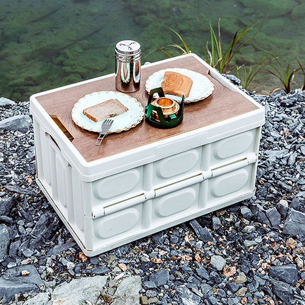 55L Collapsible Storage Bin with Wood Lid