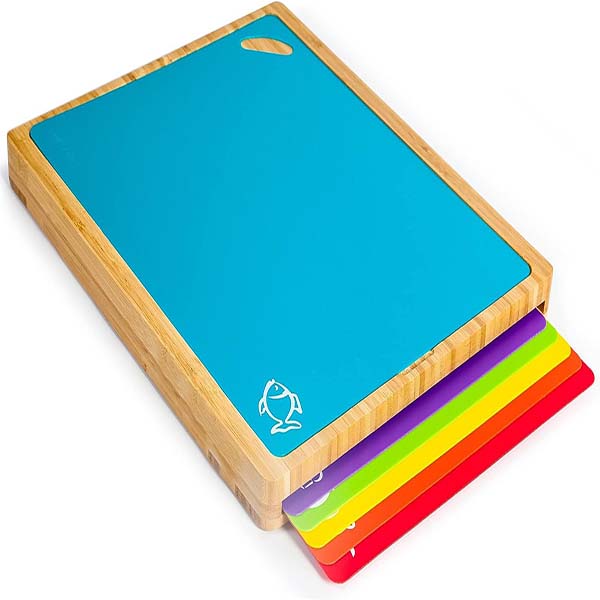 Bamboo Wood Cutting Board Set with 6 Color plastic mat
