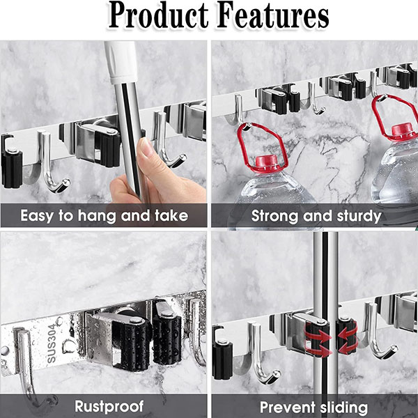 5 Racks and 4 Hooks Mop and Broom Holder Wall Mount