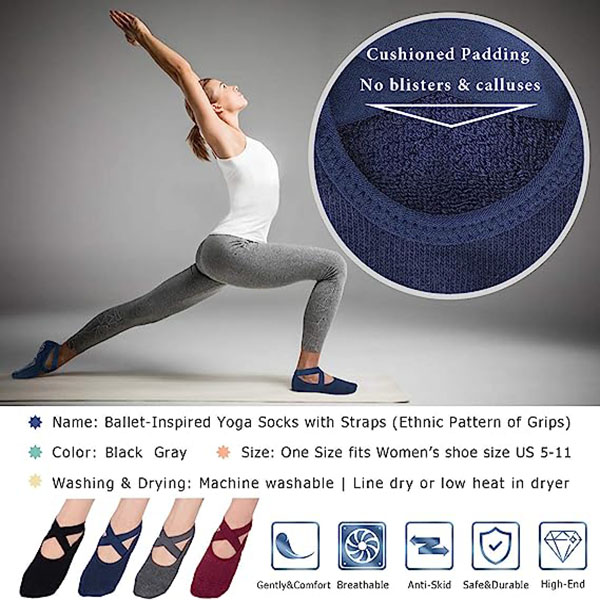 Yoga Socks for Women Non-Slip Grips & Straps, Ideal for Pila
