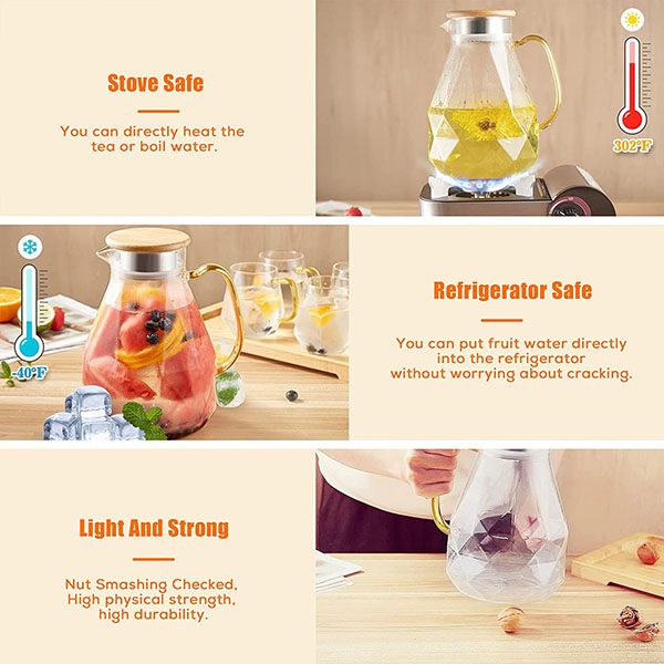 68oz Diamond Design glass Water Pitcher with bamboo lid