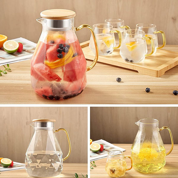 68oz Diamond Design glass Water Pitcher with bamboo lid