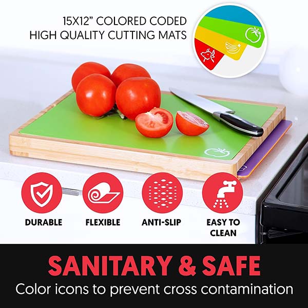 Bamboo Wood Cutting Board Set with 6 Color plastic mat