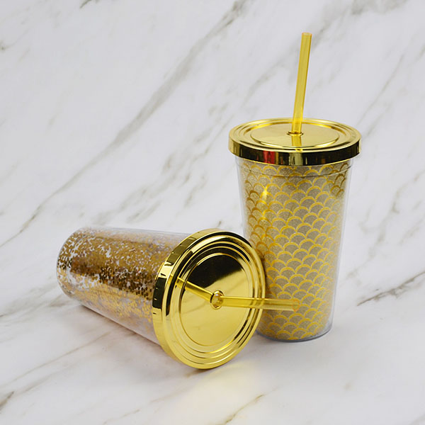 Double Wall Glitter Tumbler with Straw 16OZ