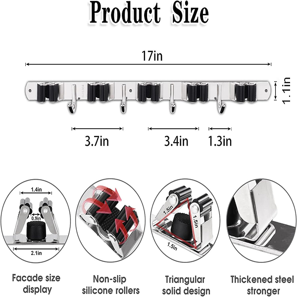 5 Racks and 4 Hooks Mop and Broom Holder Wall Mount