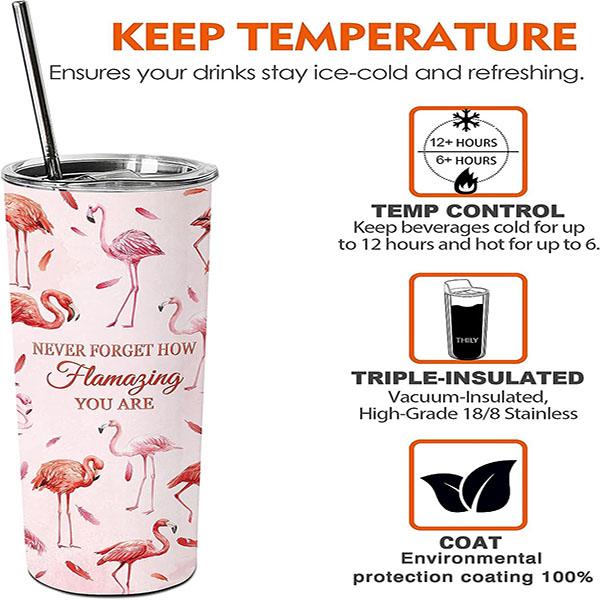 Flamingo Tumbler with Straw and Lid 20 oz Double Wall Stainl