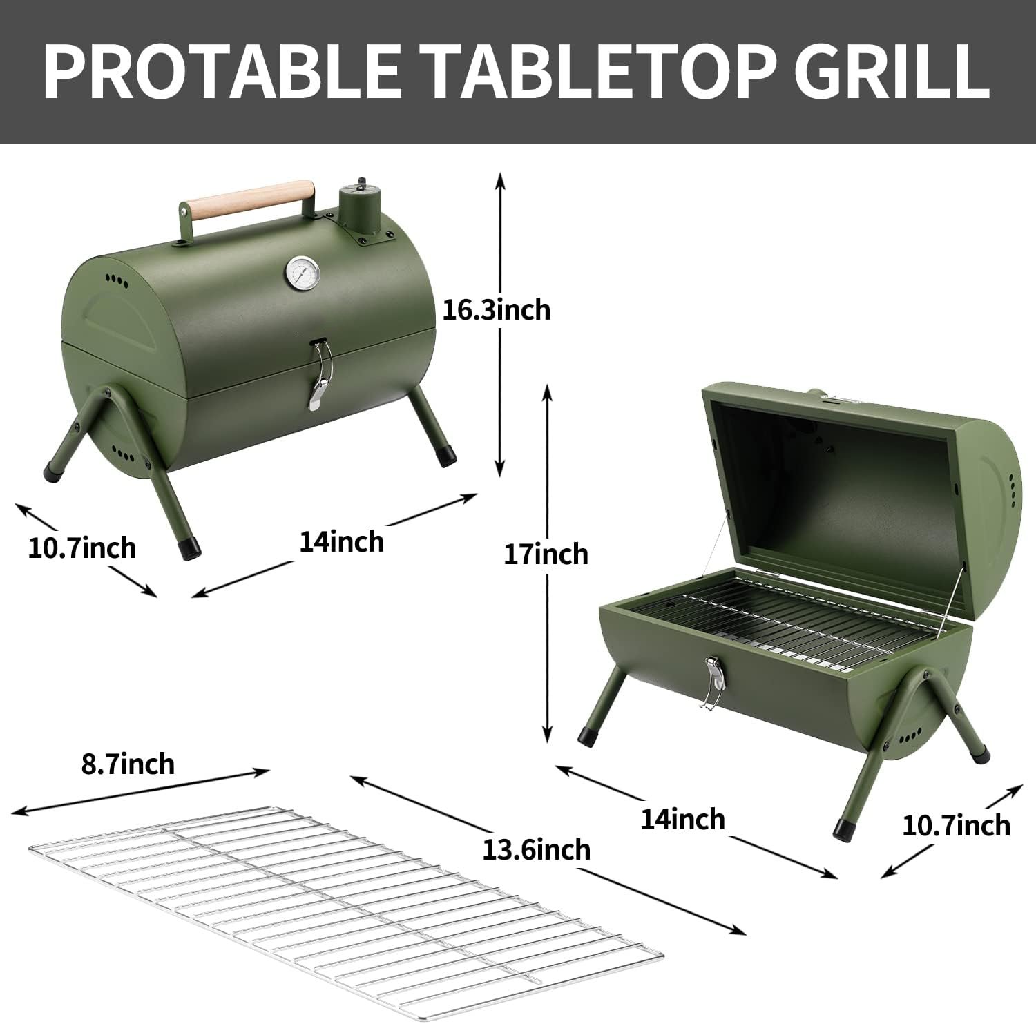 Portable Charcoal Grill, Tabletop Outdoor Barbecue Smoker
