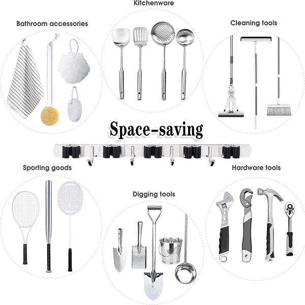 5 Racks and 4 Hooks Mop and Broom Holder Wall Mount