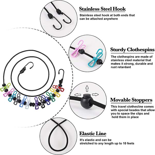 Travel Clothesline, Portable Retractable Clothesline with 12