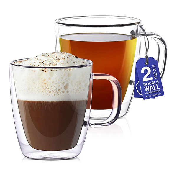 Set of 2 Clear Double Wall Glass Coffee Mugs